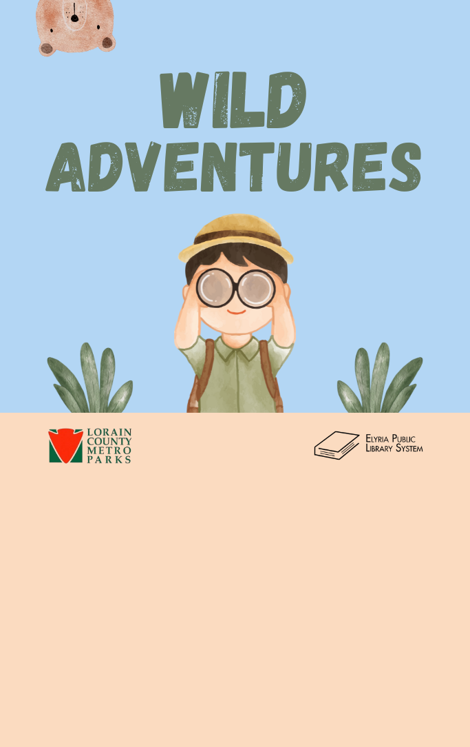 Image of a peeking bear and a child looking through binoculars. Text reads Wild Adventures.