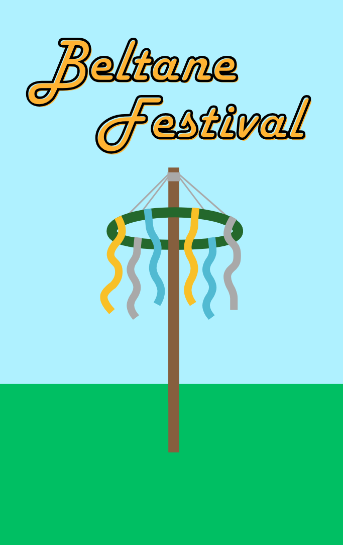 Image of a beltane. A vertical pole with a hoop attached to it and ribbons hanging from that.