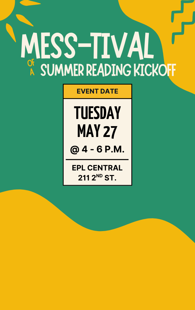 Poster for Messtival Summer Reading Program that is green and yellow with the date and time on it. 