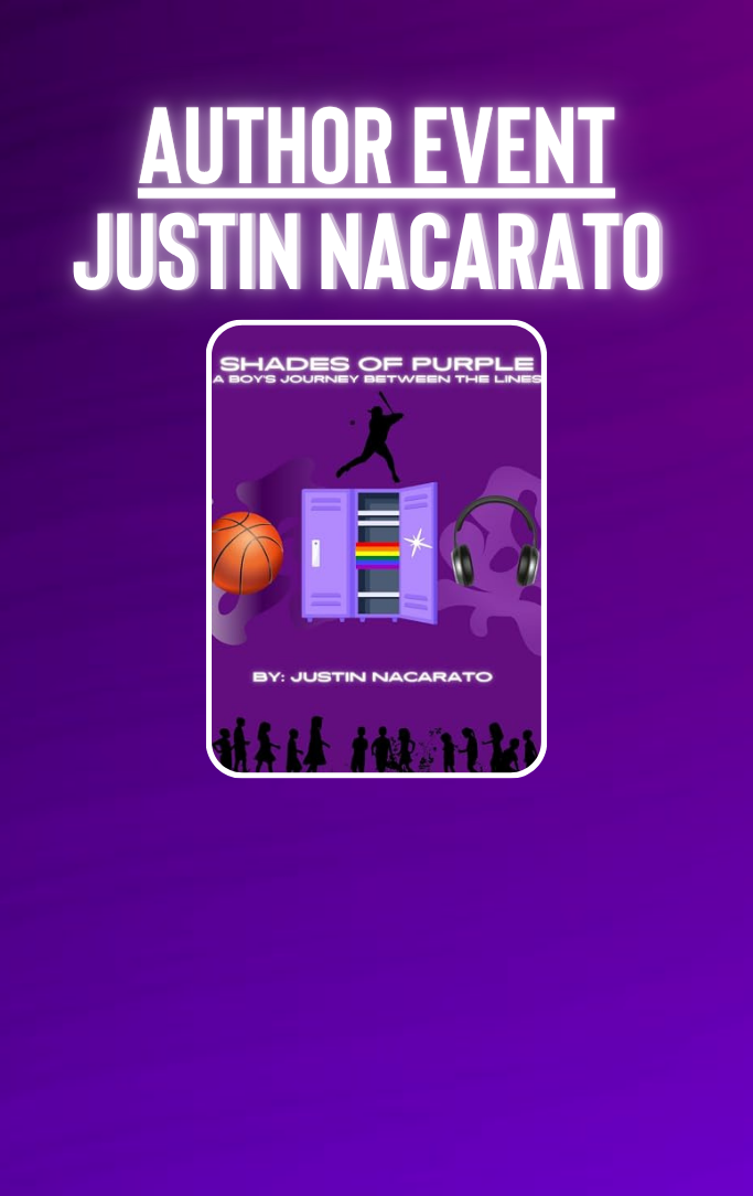 Author Event: Justin Nacarato with an image of his memoir. 