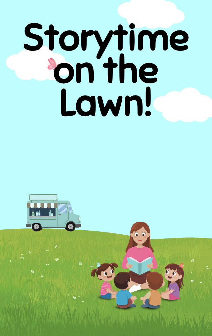Cartoon children being read to by an adult on the lawn with a vendor truck in the background.