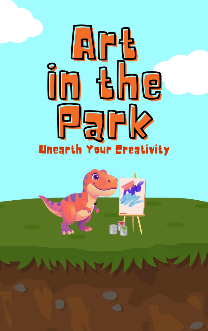 A cartoon dinosaur standing on grass and painting a canvas.