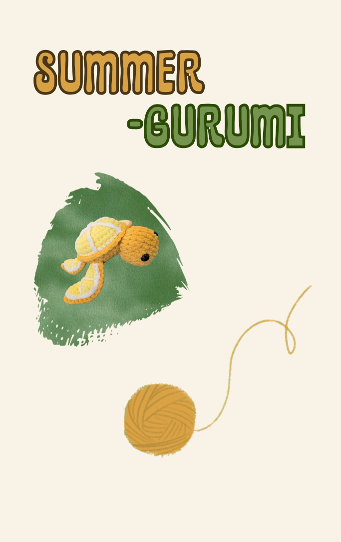 Text reads Summer-gurumi with a photo example of a chrocheted turtle.