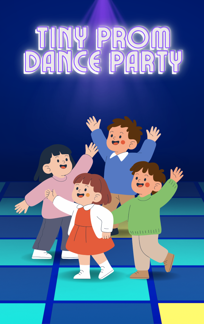 Cartoon depiction of children dancing on a multi-colored flashing disco dance floor.